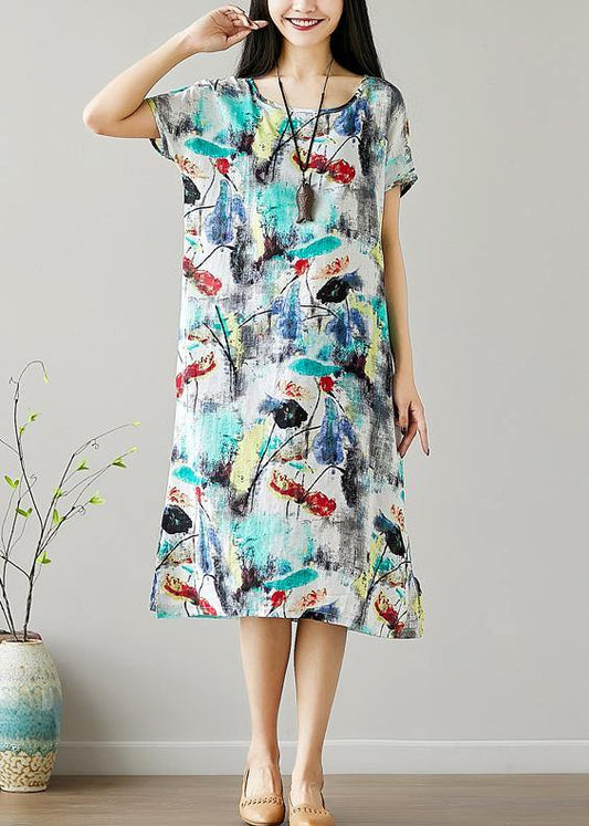 Organic o neck Cotton Tunics Sewing green print Dresses summer - SooLinen