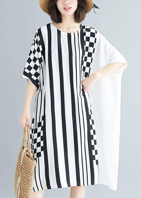 Organic o neck asymmetric Cotton white striped Dress summer - SooLinen