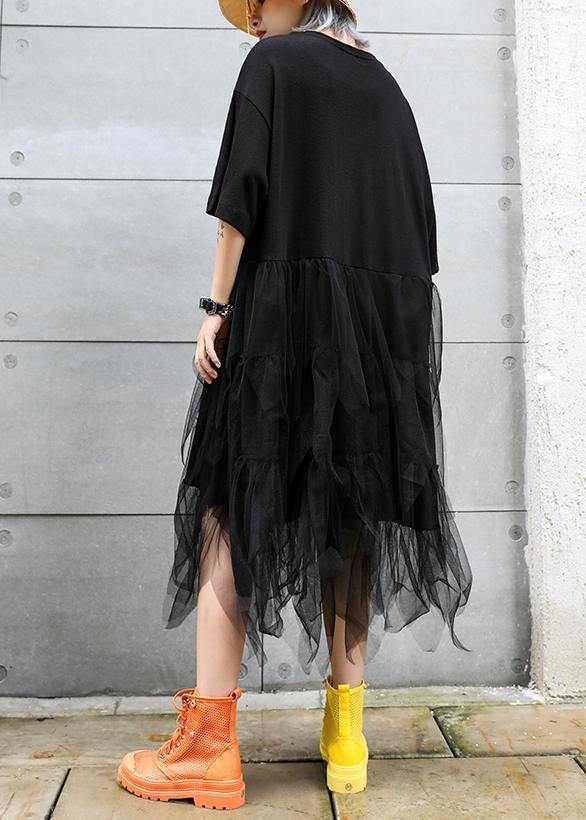 Organic o neck patchwork asymmetric cotton dresses black print Plus Size Dress summer - SooLinen