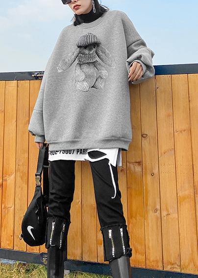 Organic o neck spring Blouse gray Cartoon animation loose tops - SooLinen