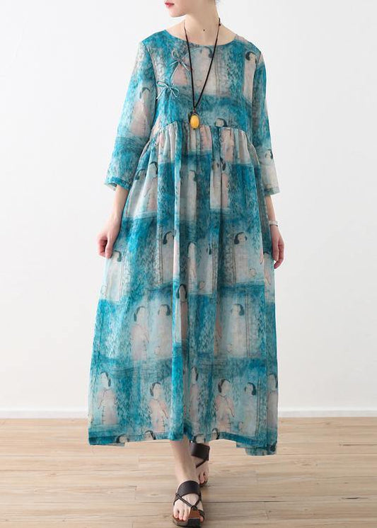 Organic O Neck Cinched Linen Clothes For Women Catwalk Blue Lady Figure Print Dress - SooLinen