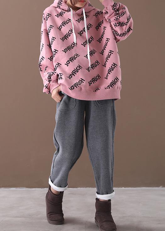 Organic pink alphabet prints cotton crane tops drawstring loose hooded shirt - SooLinen