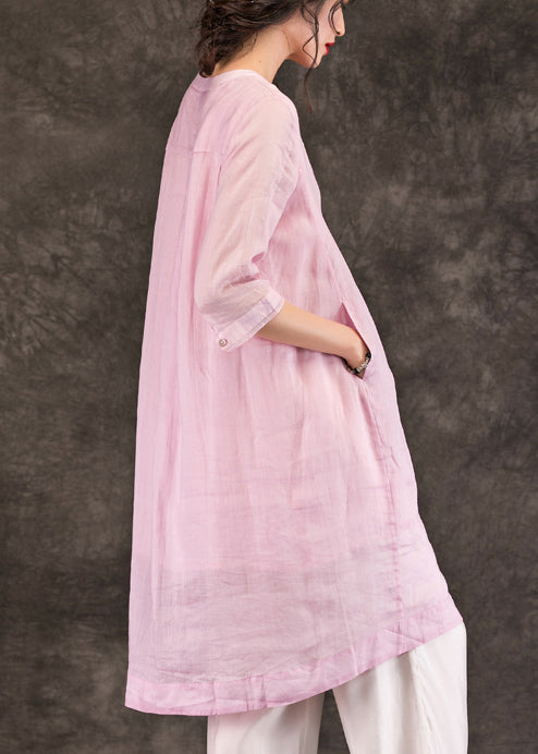 Bio-Leinen-Roben in Rosa, feine Ärmel, Rundhalsausschnitt, Halbarm, A-Linie, Sommerkleid