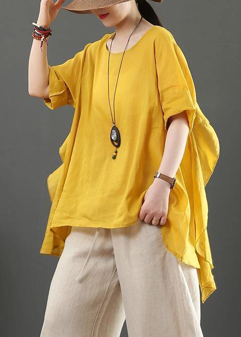 Organic pink linen clothes For Women o neck half sleeve silhouette shirt - SooLinen