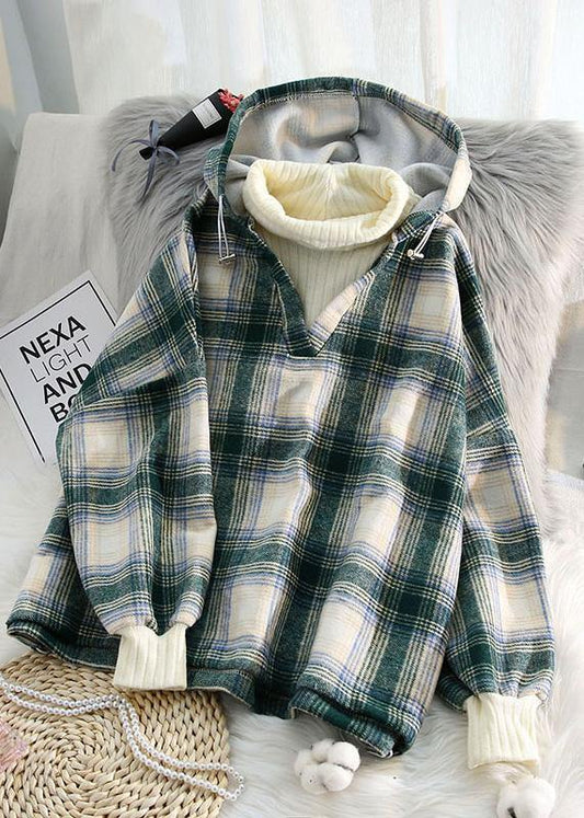 Organic pink plaid cotton linen tops women blouses hooded tunic v neck blouses - SooLinen