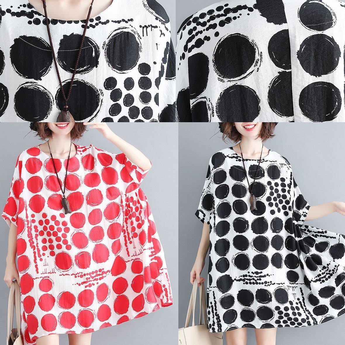 Organic red plaid cotton linen clothes For Women batwing sleeve oversized summer Dresses - SooLinen