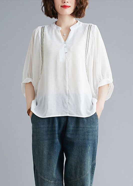 Organic v neck Batwing Sleeve summer pattern Sewing white blouse - SooLinen