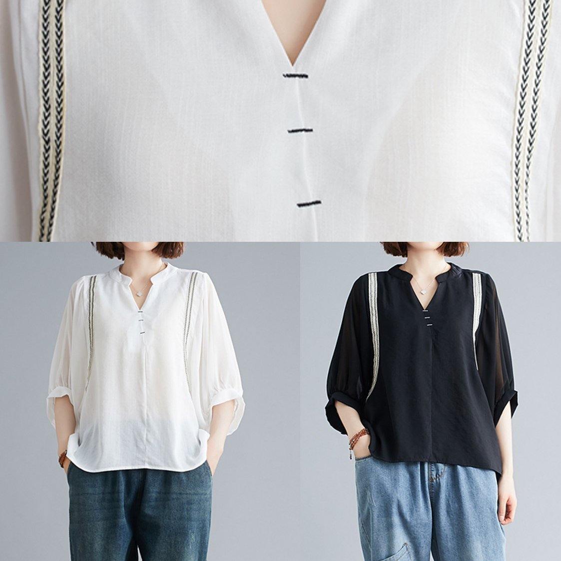 Organic v neck Batwing Sleeve summer pattern Sewing white blouse - SooLinen