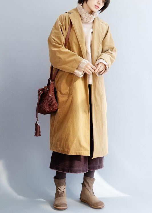 Organic yellow fine trench coat Sewing big pockets women coats - SooLinen