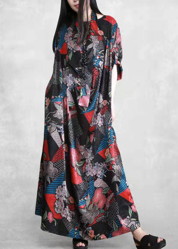 Bio Schwarz Print Robe Seidenkleider Patchwork