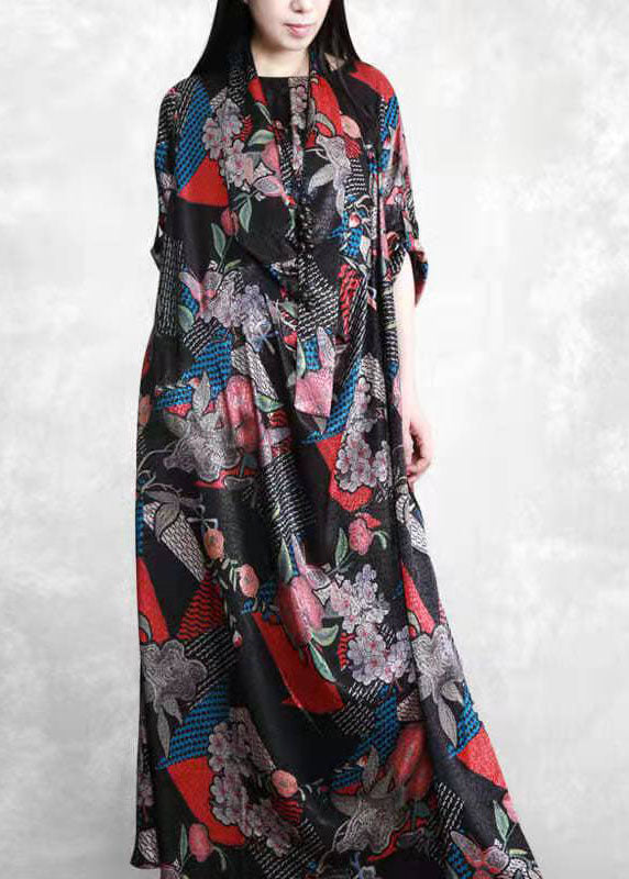 Bio Schwarz Print Robe Seidenkleider Patchwork