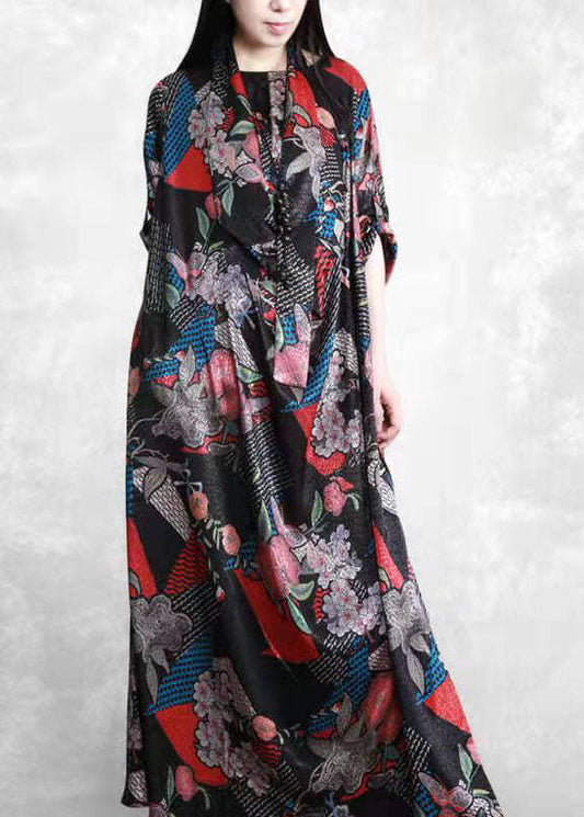 Bio Schwarz Print Robe Seidenkleider Patchwork