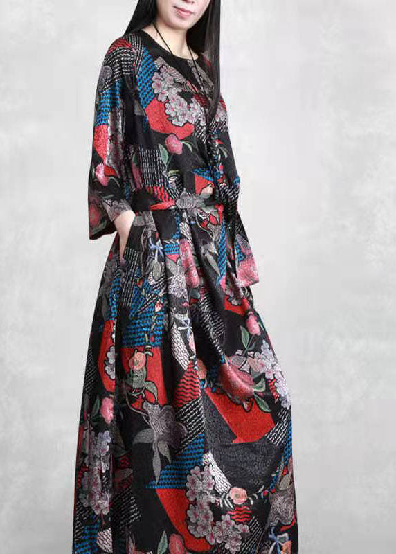 Bio Schwarz Print Robe Seidenkleider Patchwork