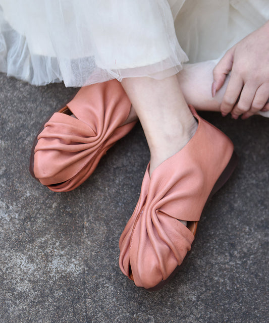 Original Apricot Cowhide Leather Hollowed Out Fish Mouth Flat Sandals