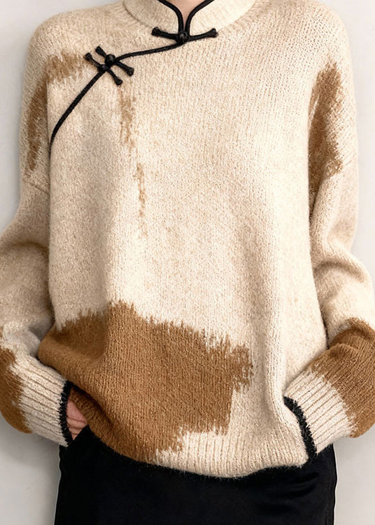 Original Beige Stand Collar Patchwork Knit Sweaters Winter