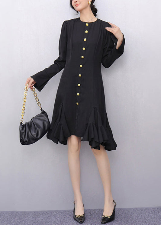 Original Black O-Neck Button Long Dresses Flare Sleeve