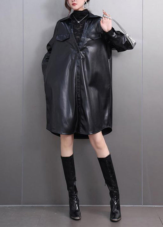 Original Black Peter Pan Collar Pockets PU Trench Coats Fall
