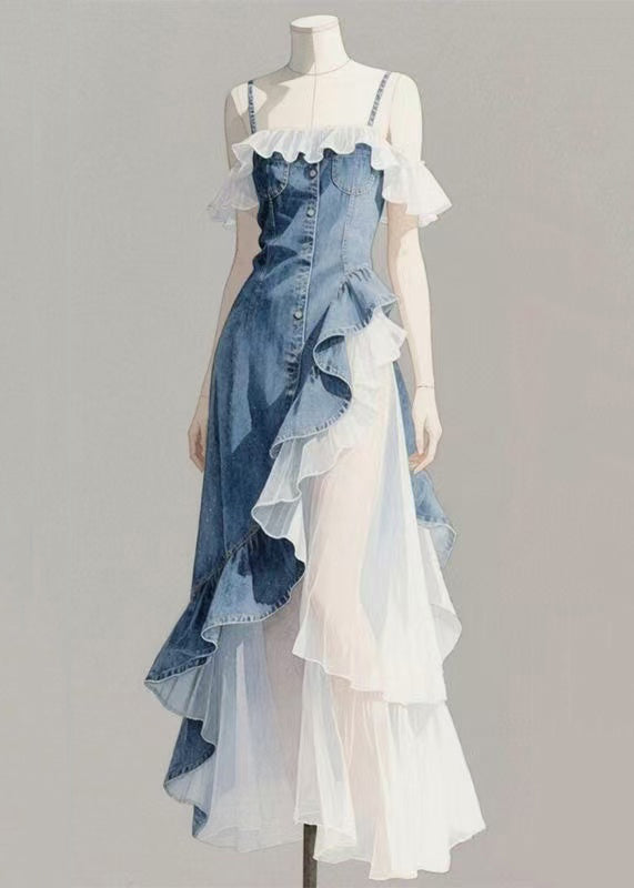 Original Blue Asymmetrical Ruffled Patchwork Denim Spaghetti Strap Dress Sleeveless