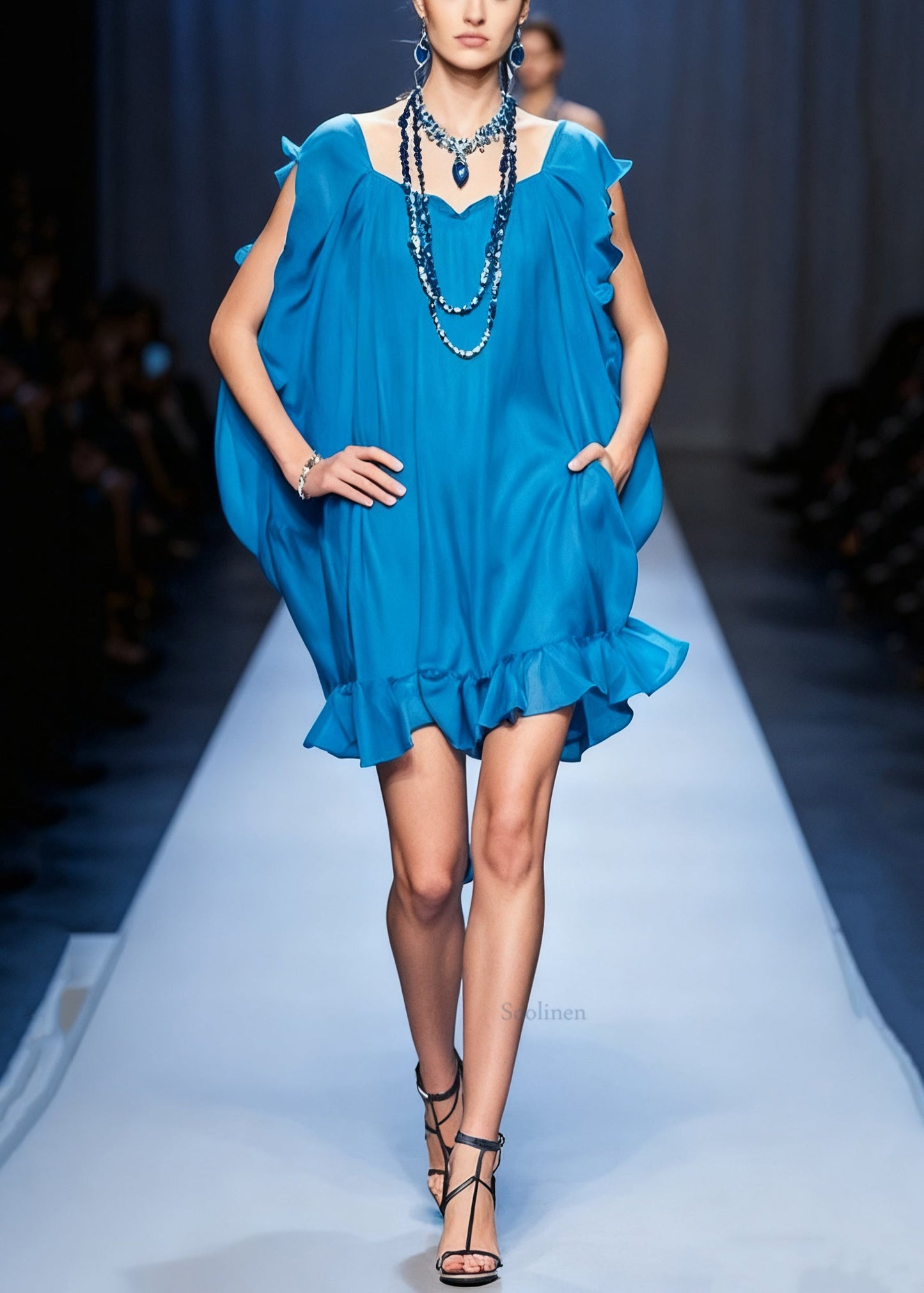 Original Blue Ruffled Pockets Solid Chiffon Mid Dress Summer