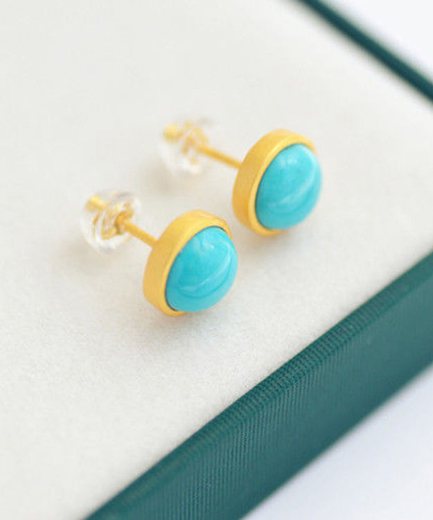 Pendientes redondos originales de plata de ley azul con turquesa dorada