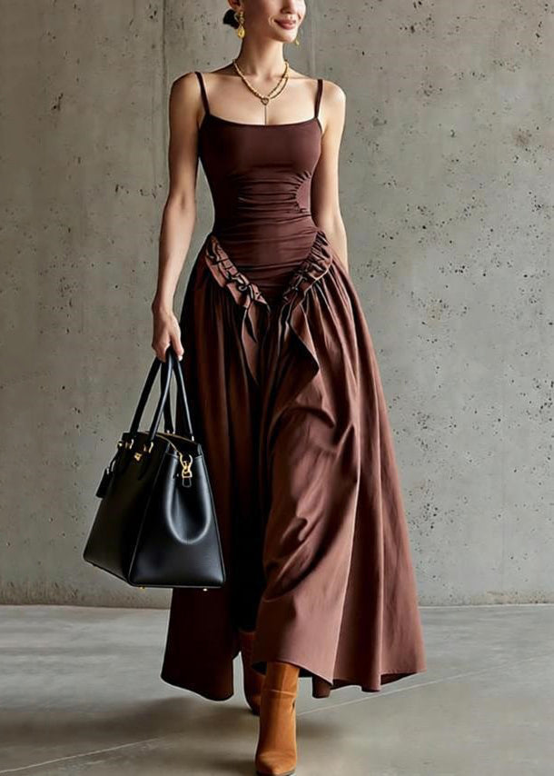 Original Brown Ruffled High Waist Patchwork Cotton Spaghetti Strap Dress Sleeveless