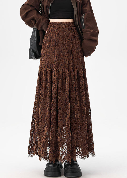 Originale kaffeefarbene Patchwork-Spitzenröcke mit Lochmuster für den Herbst