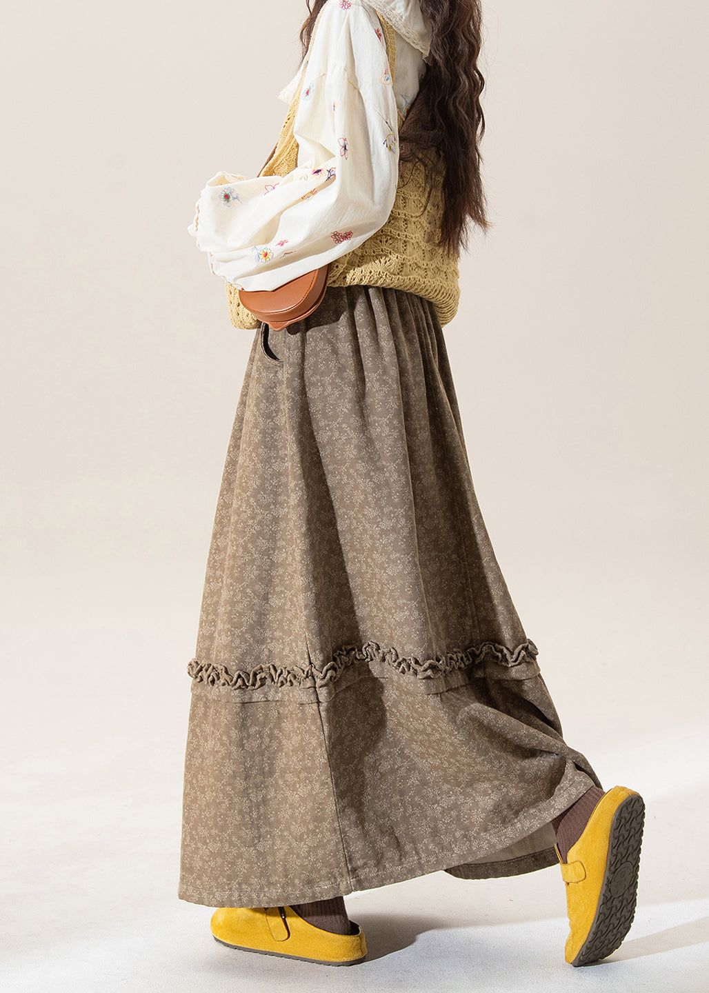 Falda de algodón patchwork con estampado de volantes y café original para invierno