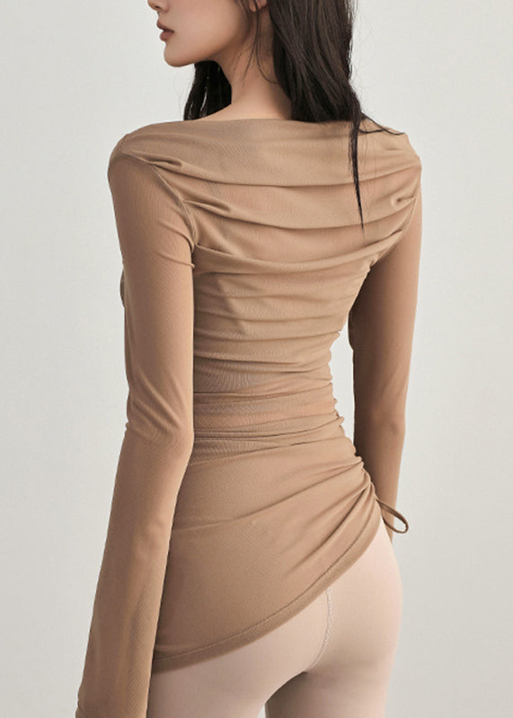 Original Coffee Slash Neck Wrinkled Tulle Yoga Top