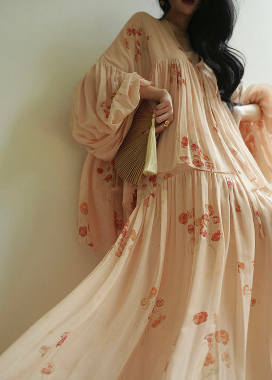 Original Design Apricot Print Chiffon Two Piece Suit Set Lantern Sleeve