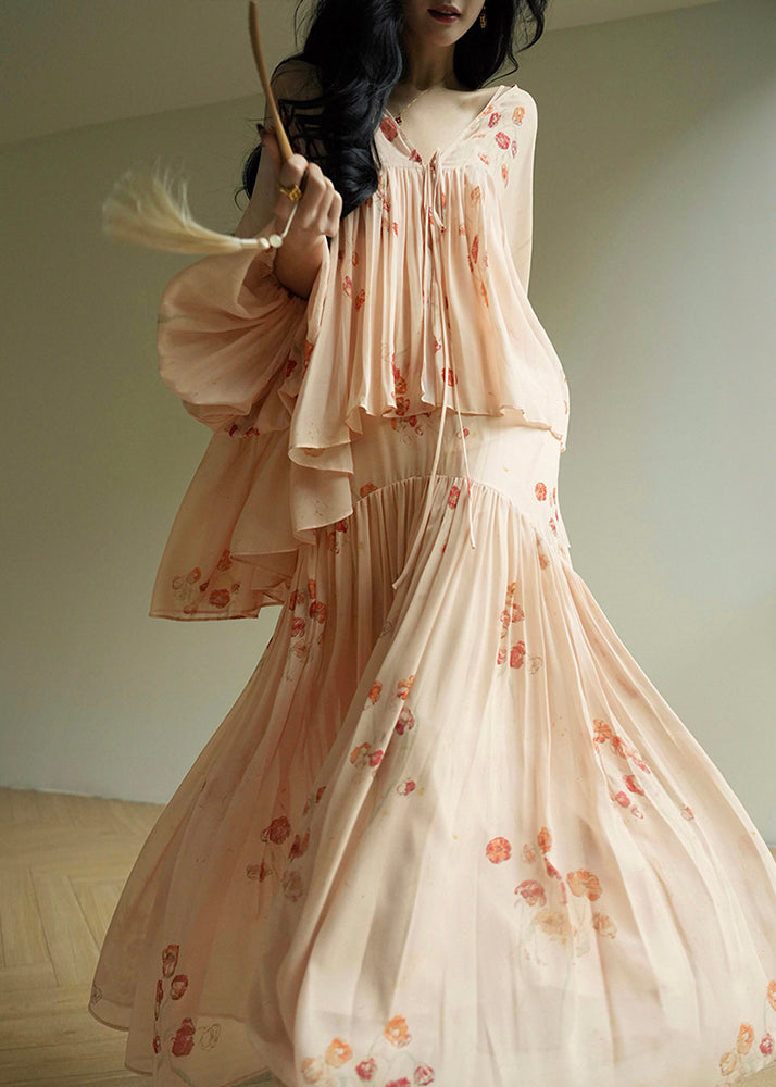 Original Design Apricot Print Chiffon Two Piece Suit Set Lantern Sleeve