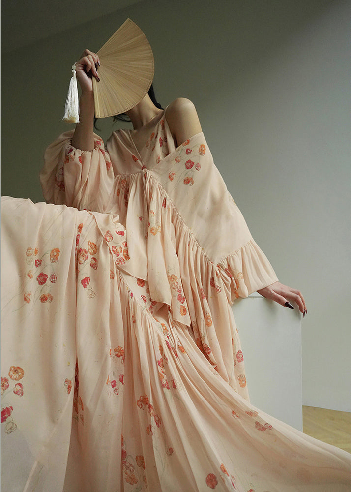 Original Design Apricot Print Chiffon Two Piece Suit Set Lantern Sleeve