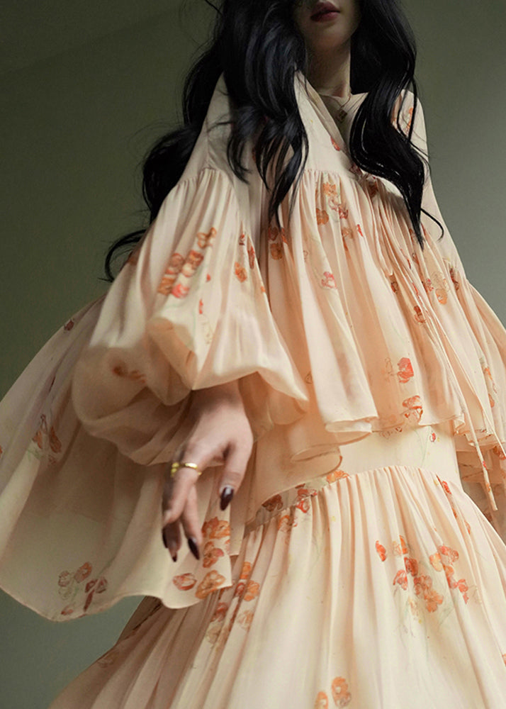 Original Design Apricot Print Chiffon Two Piece Suit Set Lantern Sleeve
