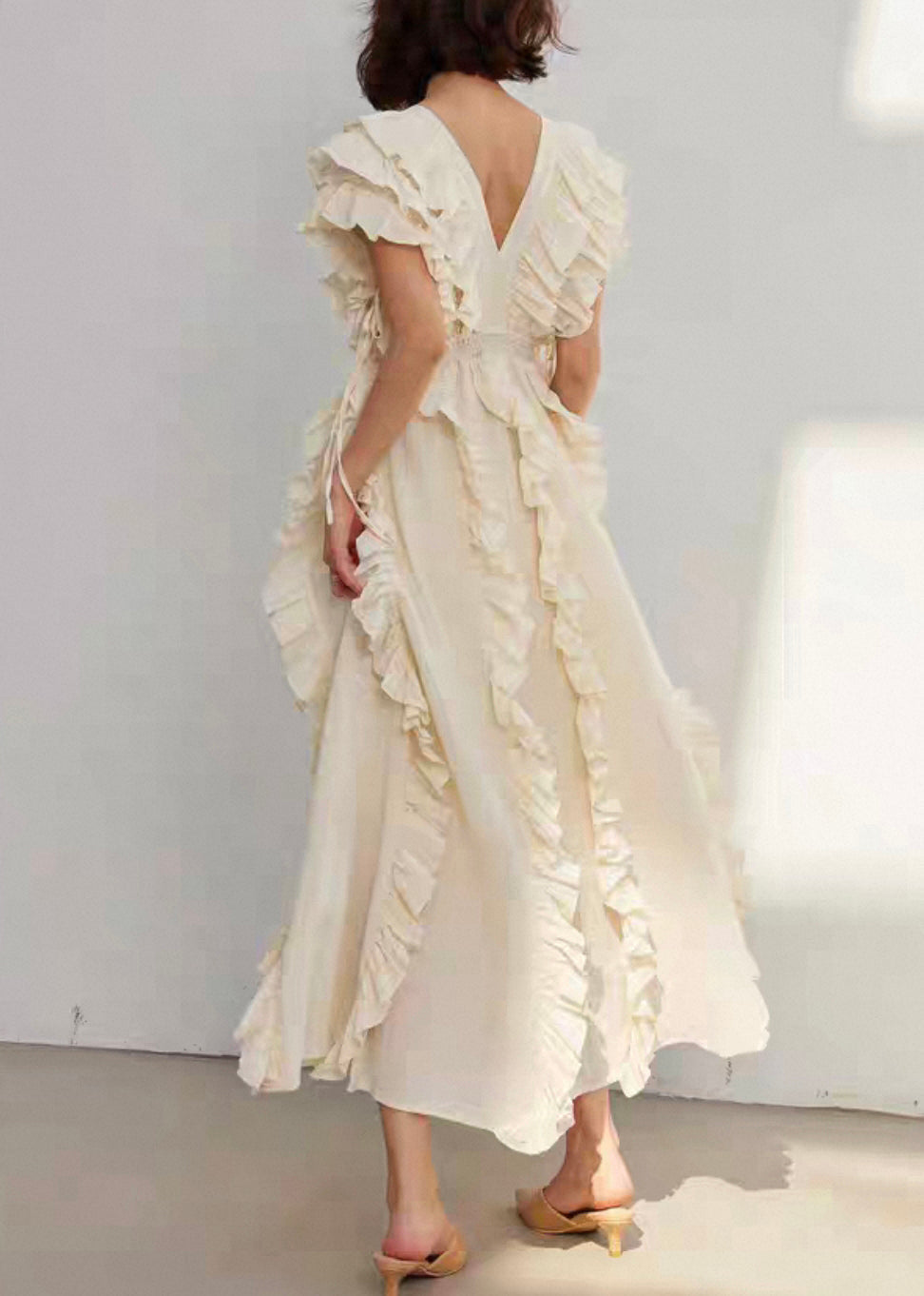 Original Design Beige Ruffled High Waist Cotton Long Dresses Summer