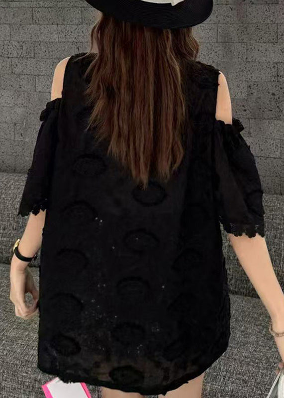 Original Design Black Cold Shoulder Love Embroidered Pearl Top Short Sleeve