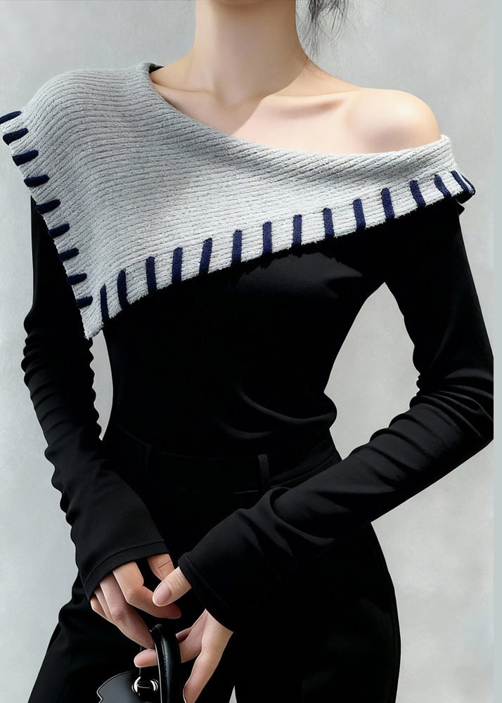 Original Design Schwarzes Fleece-Top mit kalten Schultern, schmaler Passform, Winter