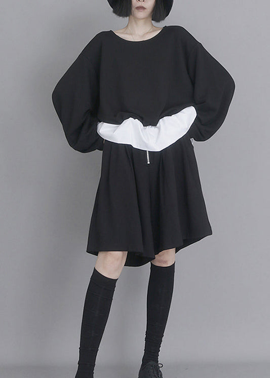 Original Design Black O Neck Patchwork False Two Pieces Cotton Top Spring