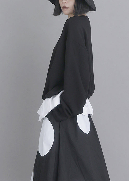 Original Design Black O Neck Patchwork False Two Pieces Cotton Top Spring