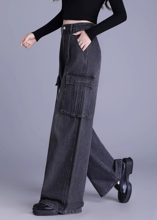 Original Design Black Pockets High Waist Denim Wide Leg Pants Spring