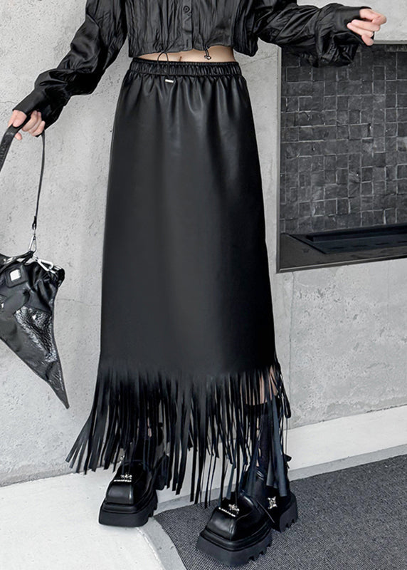 Original Design Black Pockets Patchwork Tassel Faux Leather Maxi Skirts Fall