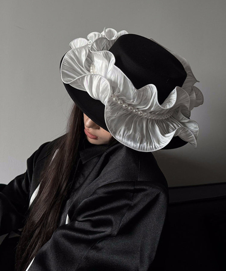 Original Design Black Ruffled Nail Bead Woolen Cloche Hat