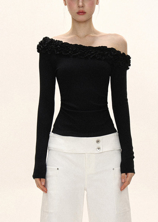 Original Design Black Slash Neck Wrinkled Patchwork Slim Top Fall