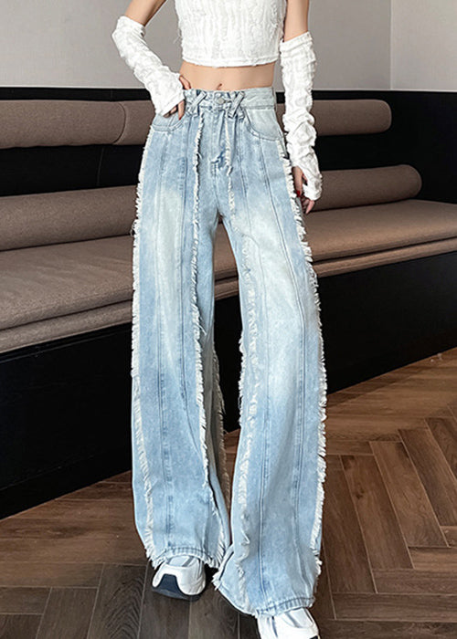 Original Design Blaue Jeans mit offenen Kanten, Taschen und hohem Bund, Frühling