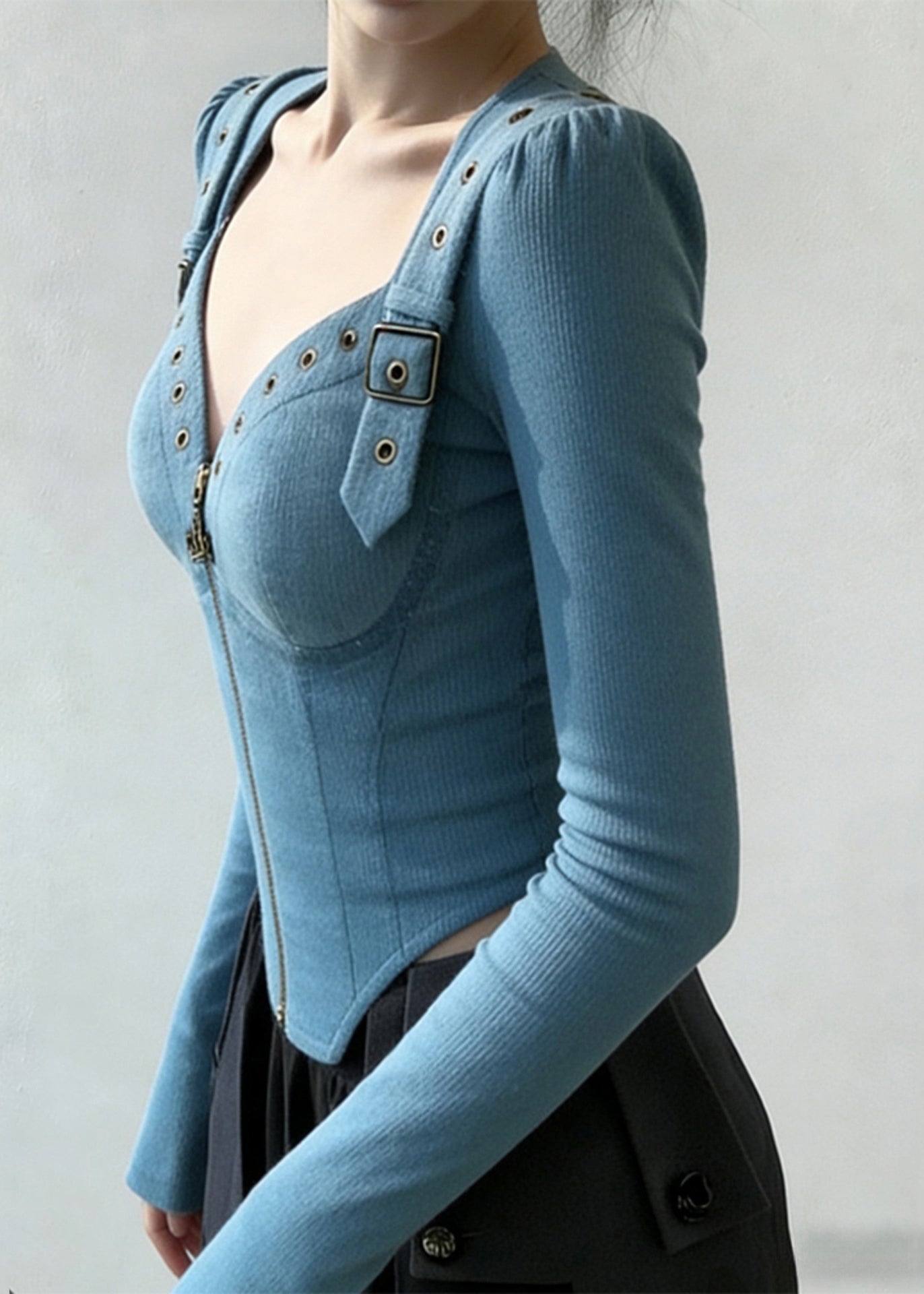 Original Design Blue Zip Up Patchwork Cotton Shirt Spring