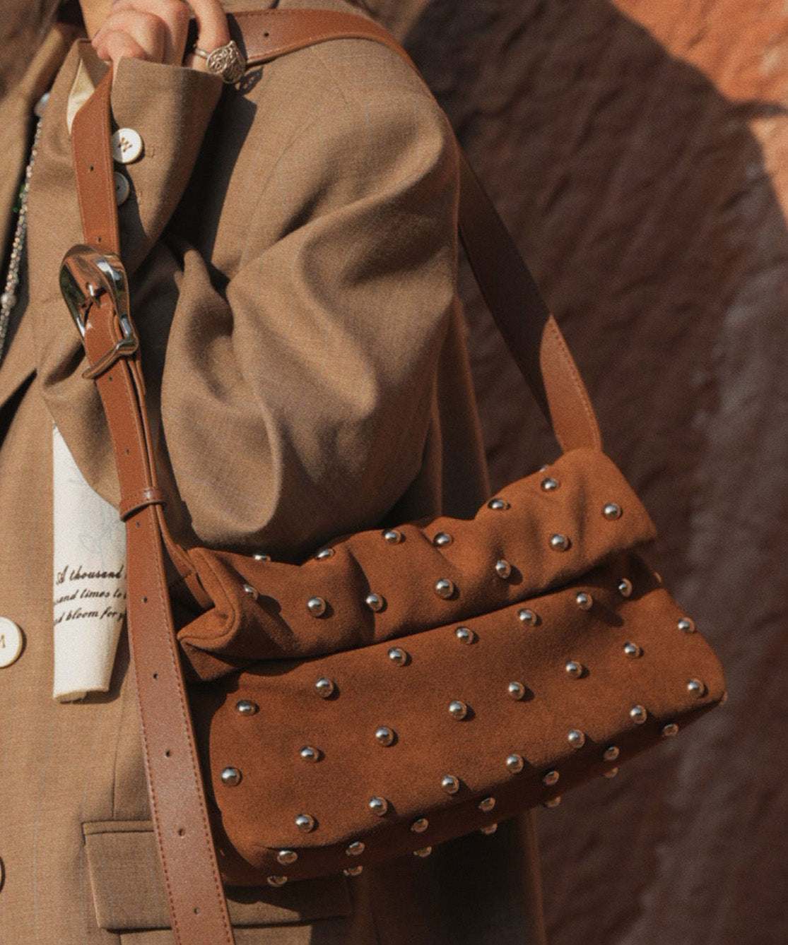 Original Design Brown Rivet Suede Shoulder Bag