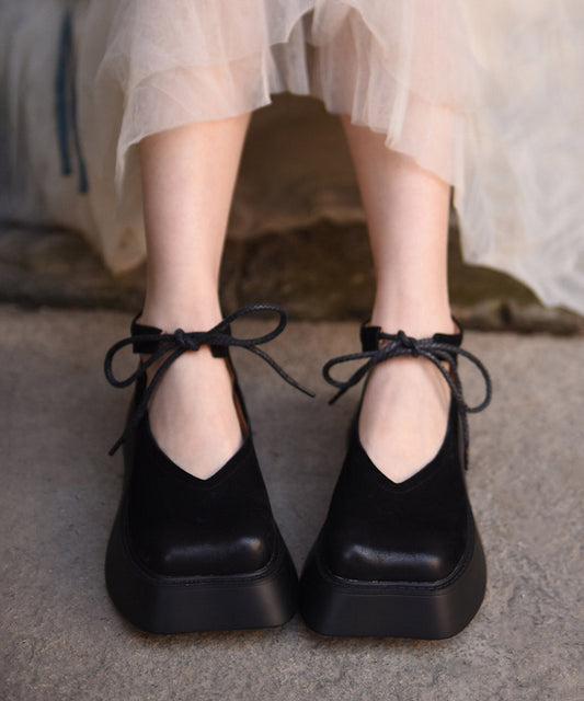 Original Design Coffee Cowhide Leather Platform Shoes Lace Up