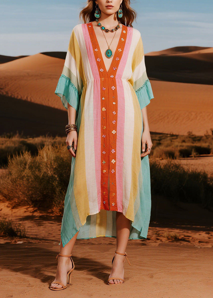 Original Design Colorblock V Neck Floral Cotton Dresses Summer