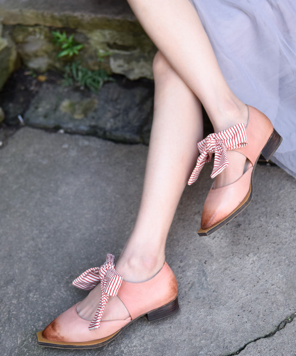 Original Design Cowhide Leather Pink Splicing Bow Sandals