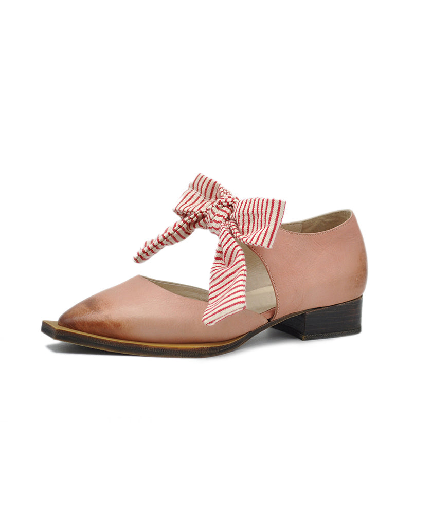 Original Design Cowhide Leather Pink Splicing Bow Sandals