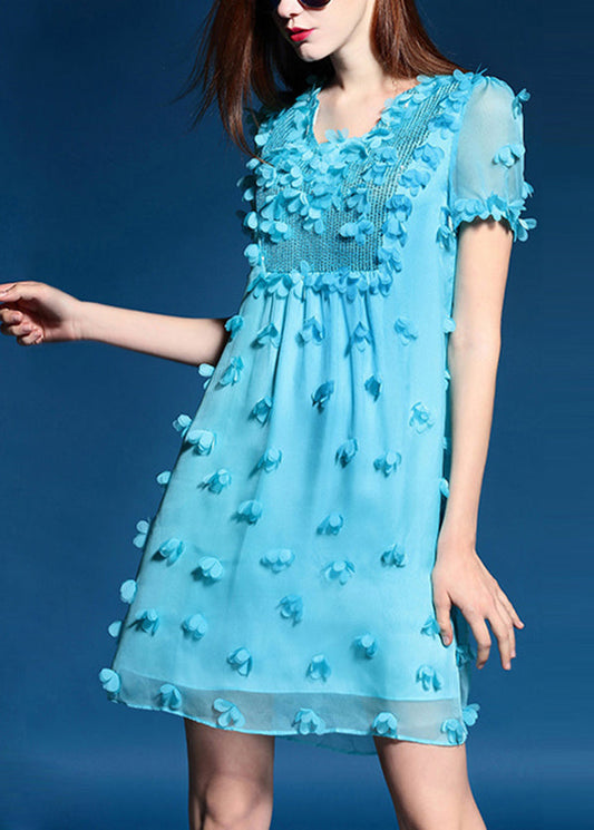 Original Design Floral Sequins Blue Chiffo Dresses Summer