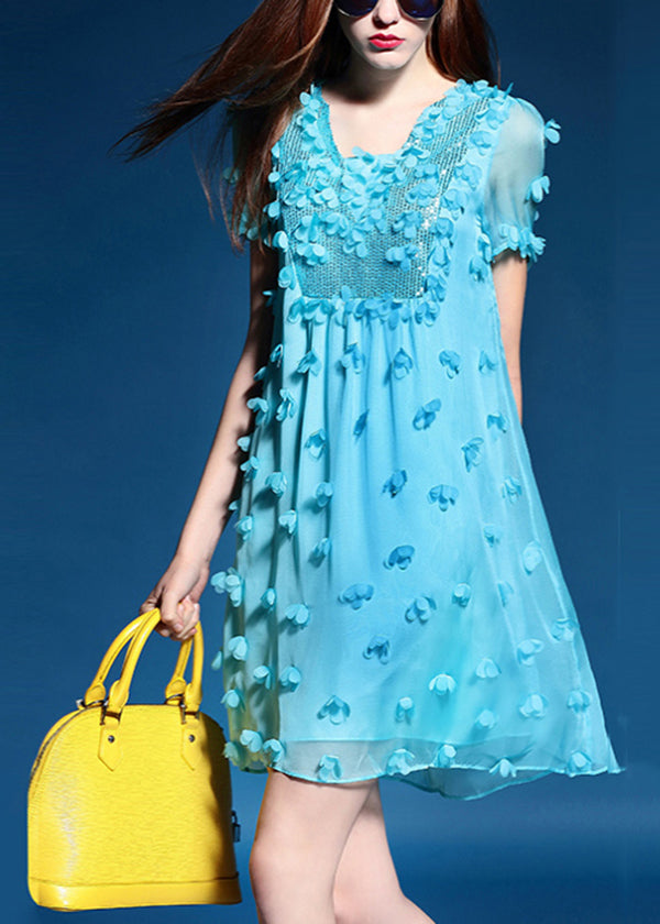Original Design Floral Sequins Blue Chiffo Dresses Summer